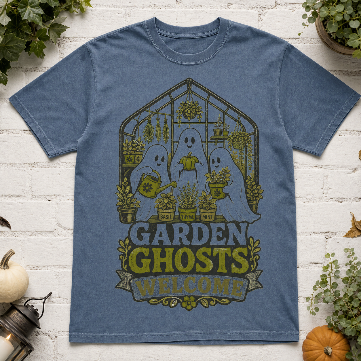 Garden Ghosts Welcome Halloween T-Shirt - Blue Jean