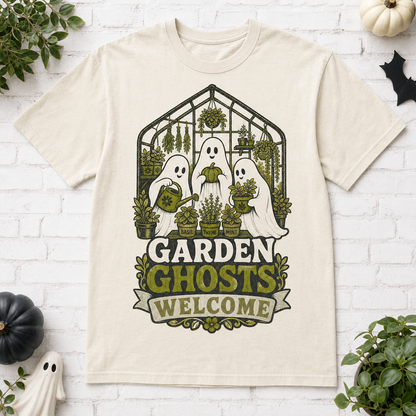 Garden Ghosts Welcome Halloween T-Shirt - Ivory
