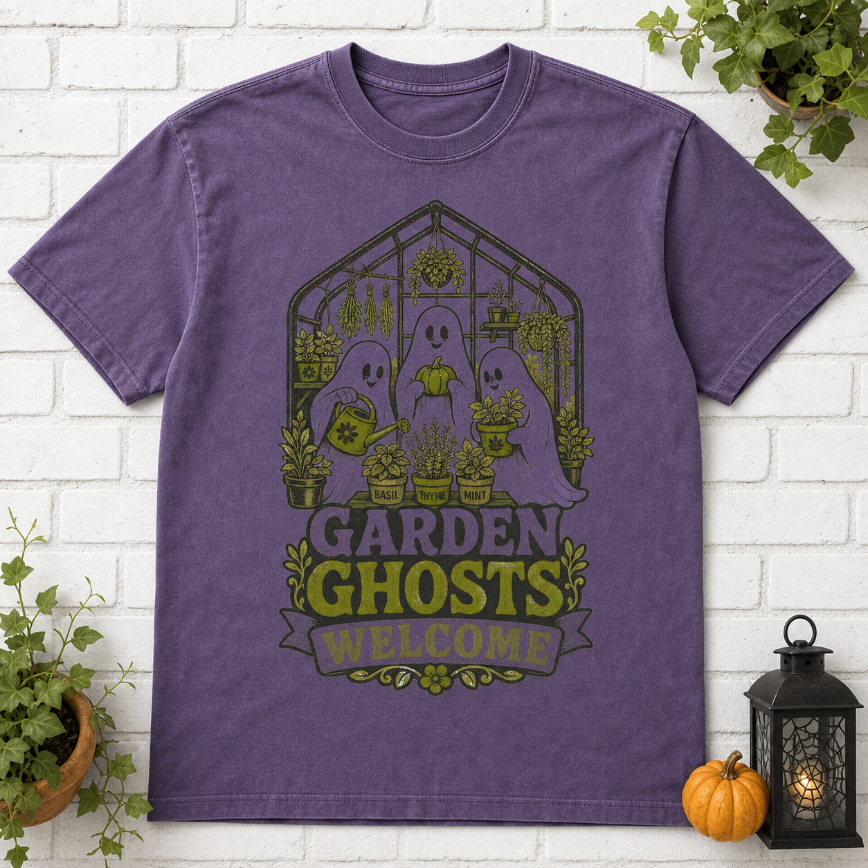 Garden Ghosts Welcome Halloween T-Shirt - Violet