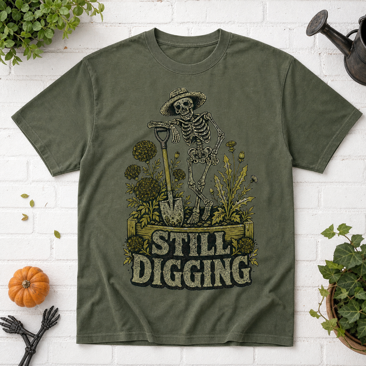 Still Digging Halloween Gardener T-Shirt - Moss