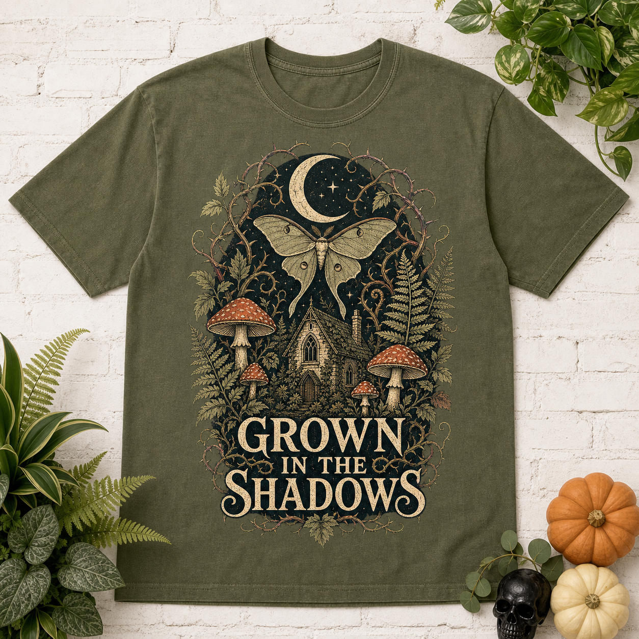 Grown In The Shadows Halloween T-Shirt - Moss