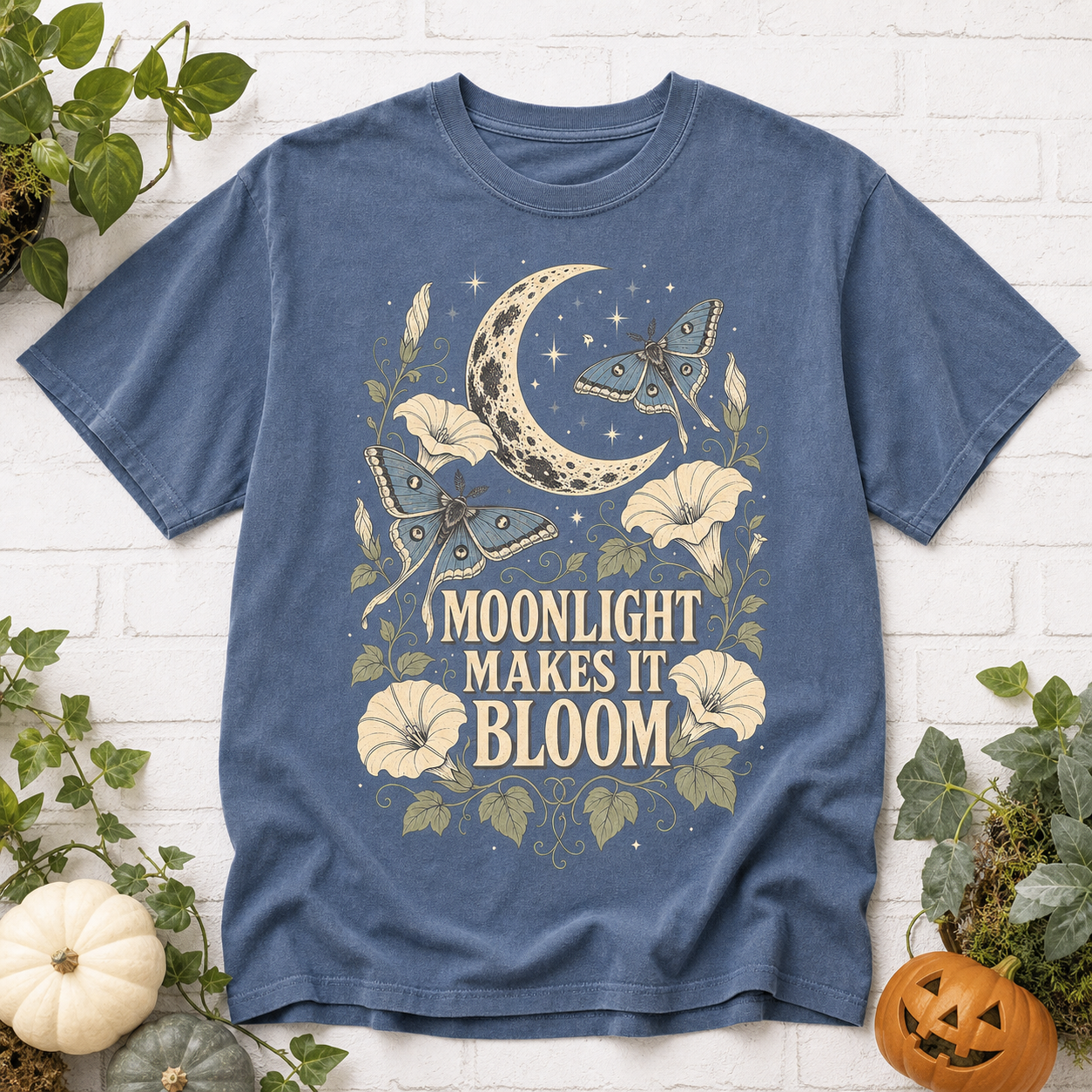 Moonlight Makes It Bloom Halloween T-Shirt - Blue Jean