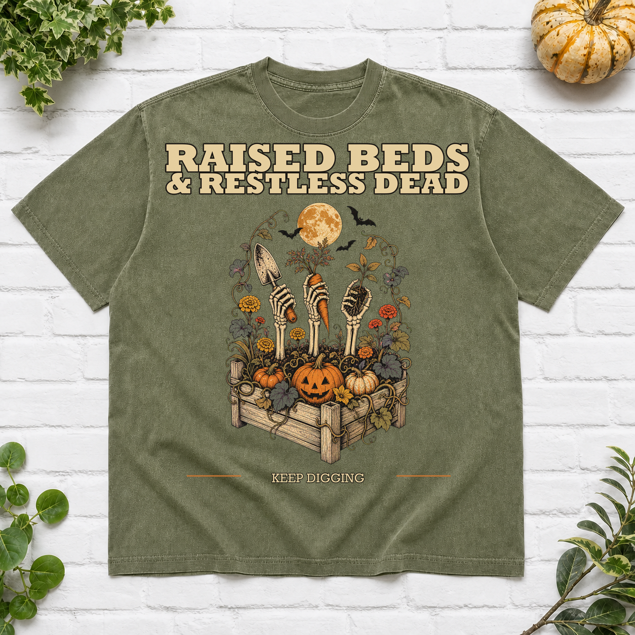 Raised Beds And Restless Dead Halloween T-Shirt - Moss