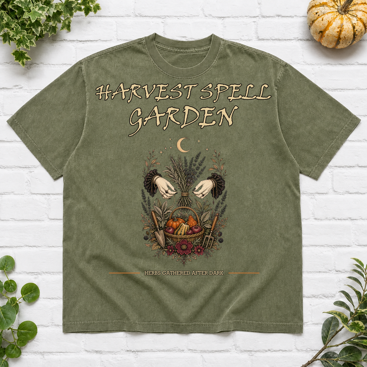 Harvest Spell Garden Halloween T-Shirt - Moss