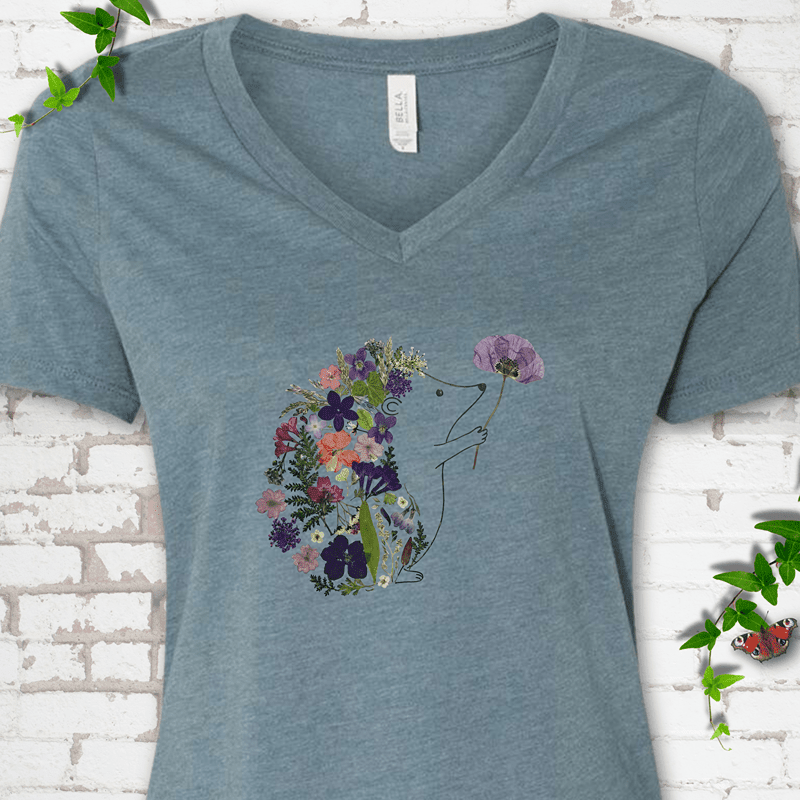 Wildflower Hedgehog V-Neck T-Shirt - Cellife Well
